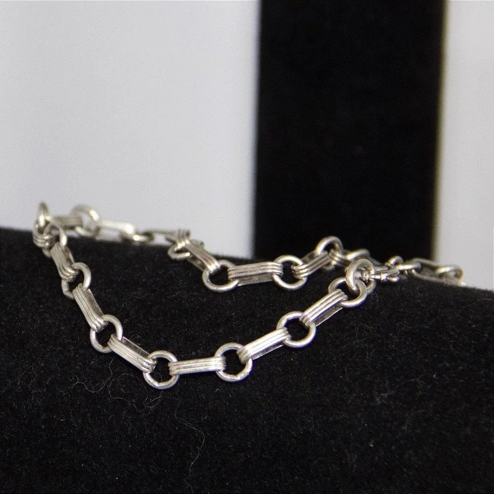 Vintage Sterling Silver 925 Textured Bar and Round Link Chain Bracelet 7.25in
